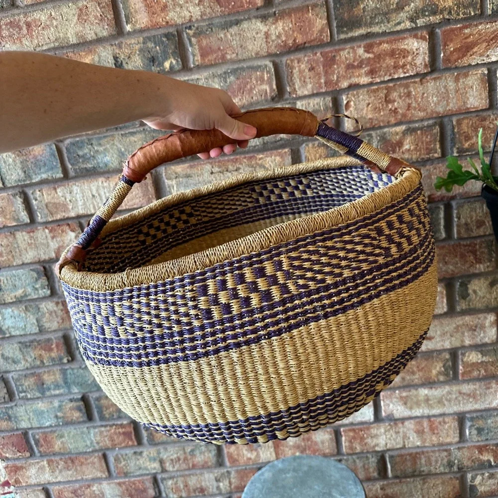 Handmade Woven Bolga Market Basket Purple Natural Straw Leather Handle